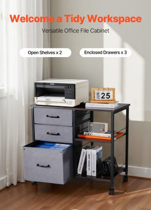 Metal File Cabinet, Mobile Filing Cabinet with 3 Fabric Drawers and 2 Open Shelves, Wooden Vertical Filing Storage Cabinets with Wheels for Letter, A4, Legal Size File, Easy Assembly, Brown