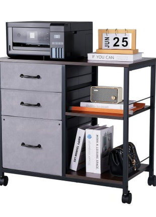 Metal File Cabinet, Mobile Filing Cabinet with 3 Fabric Drawers and 2 Open Shelves, Wooden Vertical Filing Storage Cabinets with Wheels for Letter, A4, Legal Size File, Easy Assembly, Brown