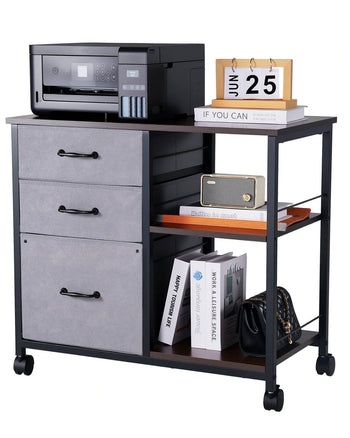 Metal File Cabinet, Mobile Filing Cabinet with 3 Fabric Drawers and 2 Open Shelves, Wooden Vertical Filing Storage Cabinets with Wheels for Letter, A4, Legal Size File, Easy Assembly, Brown