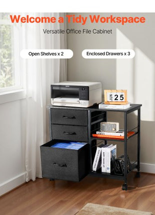 Metal File Cabinet, Mobile Filing Cabinet with 3 Fabric Drawers and 2 Open Shelves, Wooden Vertical Filing Storage Cabinets with Wheels for Letter, A4, Legal Size File, Easy Assembly, Black