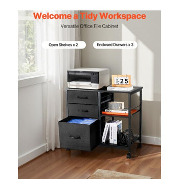 Metal File Cabinet, Mobile Filing Cabinet with 3 Fabric Drawers and 2 Open Shelves, Wooden Vertical Filing Storage Cabinets with Wheels for Letter, A4, Legal Size File, Easy Assembly, Black