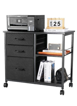 Metal File Cabinet, Mobile Filing Cabinet with 3 Fabric Drawers and 2 Open Shelves, Wooden Vertical Filing Storage Cabinets with Wheels for Letter, A4, Legal Size File, Easy Assembly, Black