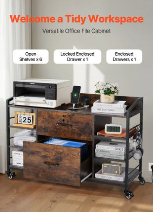 2 Drawers Metal File Cabinet, Lateral Filing Cabinet with Lock and 6 Open Shelves, Wooden Wide Filing Storage Cabinets with Power Strip for Letter, A4, Legal Size File, Easy Assembly, Brown