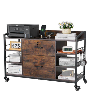 2 Drawers Metal File Cabinet, Lateral Filing Cabinet with Lock and 6 Open Shelves, Wooden Wide Filing Storage Cabinets with Power Strip for Letter, A4, Legal Size File, Easy Assembly, Brown