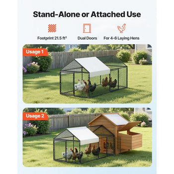 Metal Chicken Coop for 4-6 Chickens, 3.3 x 6.6 x 3.3 ft, Small Chicken Cage with Waterproof Cover & Double Doors, Spire Roof Poultry Run Compatible with Wooden Coops, for Rabbit Hen Goose Duck
