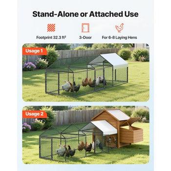 Metal Chicken Coop for 6-8 Chickens, 3.3 x 9.8 x 3.3 ft, Small Chicken Cage with Waterproof Cover & 3 Doors, Spire Roof Poultry Run Compatible with Wooden Coops, for Rabbit Hen Goose Duck