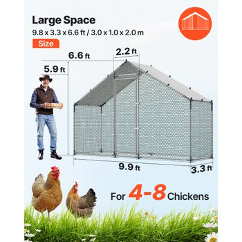 Large Metal Chicken Coop,9.8 x 3.3 x 6.6 ft, Walk-in Chicken Run House with Waterproof Cover & Sturdy Frame, Spire Roof Poultry Cage Duck Pen for Rabbit Hen Goose Outdoor Backyard Farm Use