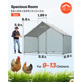 Metal Chicken Coop, 9.8x6.5x6.5ft Large Walk-in Chicken Runs with Cover, Spire Roof Hen House Enclosure with Security Lock, Outdoor Duck Rabbit Cage Poultry Pen for Backyard, Farm, Yard