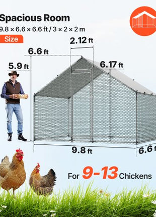 Large Metal Chicken Coop, 9.8 x 6.6 x 6.6 ft, Walk-in Chicken Runs with Waterproof Cover, Spire Roof Hen House Enclosure with Lock, Outdoor Duck Rabbit Cage Poultry Pen for Backyard, Farm, Yard