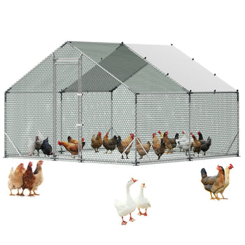 Large Metal Chicken Coop, 9.8 x 9.8 x 6.6 ft, Walk-in Chicken Run House with Waterproof Cover & Sturdy Frame, Spire Roof Poultry Cage Duck Pen for Rabbit Hen Goose Outdoor Backyard Farm Use