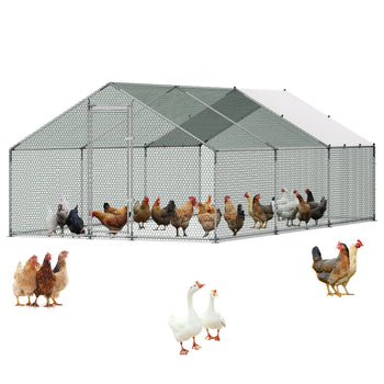 Large Metal Chicken Coop 9.8x19.5x6.6 ft Walk-in Chicken Run House, Spire Roof Hen House Enclosure with Cover and Security Lock, Outdoor Duck Rabbit Cage Poultry Pen for Backyard, Farm, Yard