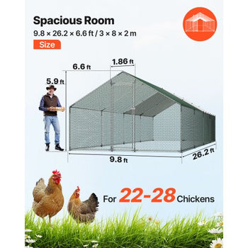 Metal Chicken Coop, 9.8x26.2x6.5 ft Large Walk-in Chicken Runs with Cover, Spire Roof Hen House Enclosure with Security Lock, Outdoor Duck Rabbit Cage Poultry Pen for Backyard, Farm, Yard