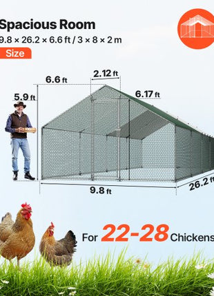 Large Metal Chicken Coop, 9.8 x 26.2 x 6.6 ft, Walk-in Chicken Runs with Waterproof Cover, Spire Roof Hen House Enclosure with Lock, Outdoor Duck Rabbit Cage Poultry Pen for Backyard, Farm, Yard