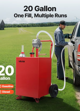 20 Gallon Fuel Caddy, Gasoline & Diesel Fuel Tank with Manual Transfer Pump, Portable Fuel Storage Tank with 2 Wheels & 10 ft Hose, Gas Caddy for Cars, Lawn Mowers, ATVs, Boats, More, Red
