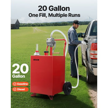 20 Gallon Fuel Caddy, Gasoline & Diesel Fuel Tank with Manual Transfer Pump, Portable Fuel Storage Tank with 2 Wheels & 10 ft Hose, Gas Caddy for Cars, Lawn Mowers, ATVs, Boats, More, Red