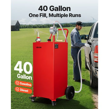 40 Gallon Fuel Caddy, Gasoline & Diesel Fuel Tank with Manual Transfer Pump, Portable Fuel Storage Tank with 4 Wheels & 10 ft Hose, Gas Caddy for Cars, Lawn Mowers, ATVs, Boats, More, Red