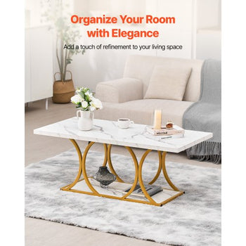 Coffee Table, Modern Faux Marble Coffee Table, Large 2-Tier Rectangle Center Desk with Geometric Legs, Minimalist Sturdy Metal Frame Accent End Desk for Living Room, Office, Easy Assembly, White