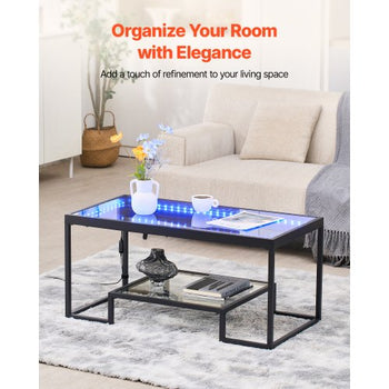 Coffee Table, Modern Tempered Glass Coffee Table with Lighting, 2 Tiers Rectangle Glass Center Desk with Open Storage, Minimalist Metal Accent End Desk for Living Room, Office, Easy Assembly