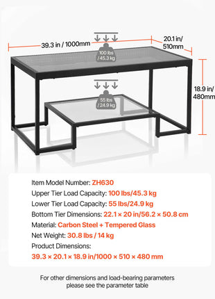 Coffee Table, Modern Tempered Glass Coffee Table with Lighting, 2 Tiers Rectangle Glass Center Desk with Open Storage, Minimalist Metal Accent End Desk for Living Room, Office, Easy Assembly