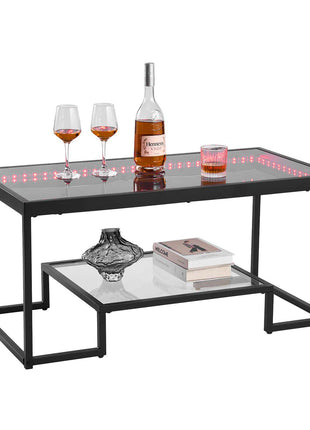 Coffee Table, Modern Tempered Glass Coffee Table with Lighting, 2 Tiers Rectangle Glass Center Desk with Open Storage, Minimalist Metal Accent End Desk for Living Room, Office, Easy Assembly