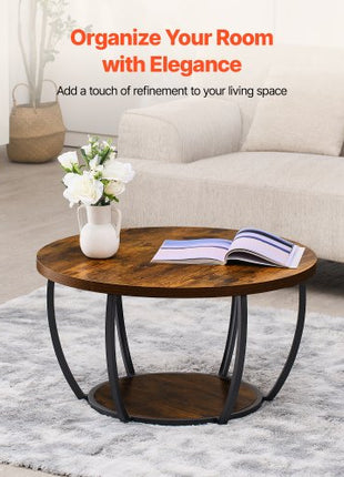 Coffee Table, Modern Round Coffee Table, 2 Tiers Wooden Circle Center Desk with Open Storage, Minimalist Sturdy Metal Frame Accent End Desk for Living Room, Office, Easy Assembly, Rustic Brown