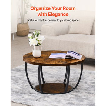 Coffee Table, Modern Round Coffee Table, 2 Tiers Wooden Circle Center Desk with Open Storage, Minimalist Sturdy Metal Frame Accent End Desk for Living Room, Office, Easy Assembly, Rustic Brown