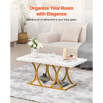 Coffee Table, Modern Faux Marble Coffee Table, 2-Tier Rectangle Center Desk with Geometric Legs, Minimalist Sturdy Metal Frame Accent End Desk for Living Room, Office, Easy Assembly, White