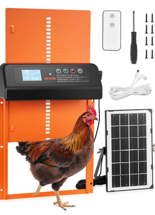 Automatic Chicken Coop Door, Solar & Battery Powered Chicken Door with LCD Display, Remote Control, Light Sensor & Timer, Anti-Pinch Security, Aluminum Alloy Chick Run Gate Opener, Orange
