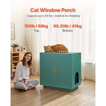 Cat Litter Box Enclosure, 31.5 in Hidden Litter Box Cabinet, Wooden Indoor Cat Washroom with Ventilated Holes, Double-Door Kitty Pet House Furniture, End Side Table Fit Most Litterboxes