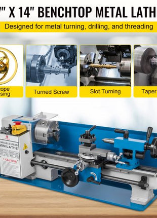 Metal Lathe 7x14inch Precision Bench Top Mini Metal Lathe 550W Precision Metal Lathe Variable Speed 50-2500 RPM Nylon Gear with A Movable Lamp