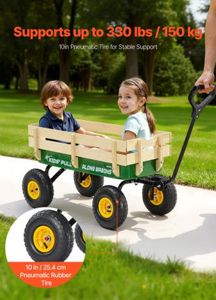 Pull-Along Wagon for Kids, 39 inch Toddler Wagons with Wooden Panels & Handle, Supports up to 330 lbs, All-Terrain Utility Wagon Cart Birthday Present for Kids Gardening Beach, Green