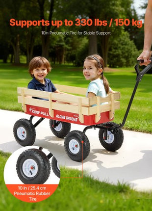 Pull-Along Wagon for Kids, 39 inch Toddler Wagons with Wooden Panels & Handle, Supports up to 330 lbs, All-Terrain Utility Wagon Cart Birthday Present for Kids Gardening Beach, Red