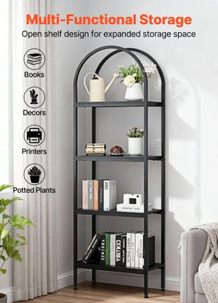 Open Bookshelf, 4-Tier, Arched Bookcase Storage Shelves with Metal Frame, Industrial Metal Book Organizer, Freestanding Display Rack Tall Shelving Unit, for Office, Bedroom, Living Room, Black