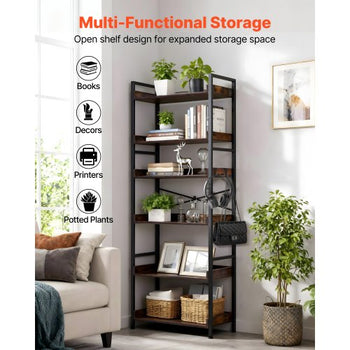 Industrial Bookshelf, 6-Tier, Vintage Ladder Shelf Bookshelves and Bookcases, with Metal Frame, Book Organizer with Open Shelves, for Living Room, Bedroom, Kitchen, Home Office, Rustics Brown