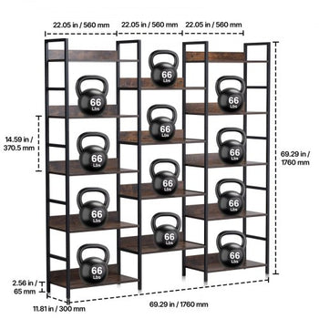 Triple Metal Bookshelf, 14-Tier Industrial Bookshelf, Large Rustic Vintage Storage Bookcase with Open Shelves, Freestanding Display Shelving Unit Storage Rack, for Living room, Bedroom & Office