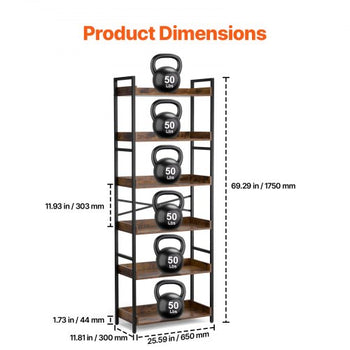 Metal Bookshelf, 6-Tier Industrial Bookshelf, Tall Wide Rustic Vintage Storage Bookcase with Open Shelves, Freestanding Display Shelving Unit Storage Rack, for Living room, Bedroom & Office