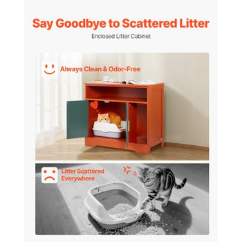 Cat Litter Box Enclosure, 31 in Hidden Litter Box Cabinet with Shelf & Storage, Modern Style Indoor Cat Washroom, Wooden Kitty House Furniture End Table, Fit Most Litterboxes, Red & Green