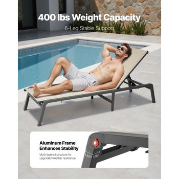 Outdoor Chaise Lounge Chair, 400 lbs Weight Capacity, Foldable Sun Tanning Chair, 5 Adjustable Positions, Easy Assembly, Heavy Duty Aluminum Pool Recliner Lounge Chairs, for Beach Yard Patio