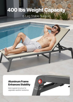Outdoor Chaise Lounge Chair Set of 2, 400 lbs Weight Capacity, Foldable Sun Tanning Chair, 5 Adjustable Positions, Easy Assembly, Aluminum Pool Recliner Lounge Chairs, for Beach Yard Patio
