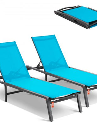Chaise Lounge Chairs Outdoor, Aluminum Patio Lounge Chairs with Adjustable 5-Position, Folding Pool Lounge Chairs Recliner and Full Flat Tanning Chairs for Patio, Beach, Pool, Blue, 2 pcs