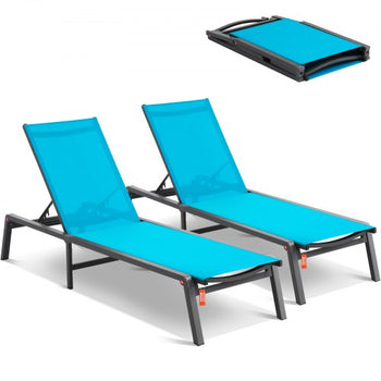 Chaise Lounge Chairs Outdoor, Aluminum Patio Lounge Chairs with Adjustable 5-Position, Folding Pool Lounge Chairs Recliner and Full Flat Tanning Chairs for Patio, Beach, Pool, Blue, 2 pcs