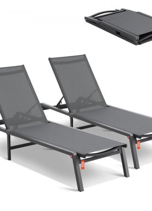 Chaise Lounge Chairs Outdoor, Aluminum Patio Lounge Chairs with Adjustable 5-Position, Folding Pool Lounge Chairs Recliner and Full Flat Tanning Chairs for Patio, Beach, Pool, Dark Grey, 2 pcs