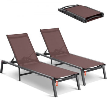 Chaise Lounge Chairs Outdoor, Aluminum Patio Lounge Chairs with Adjustable 5-Position, Folding Pool Lounge Chairs Recliner and Full Flat Tanning Chairs for Patio, Beach, Pool, Brown, 2 pcs