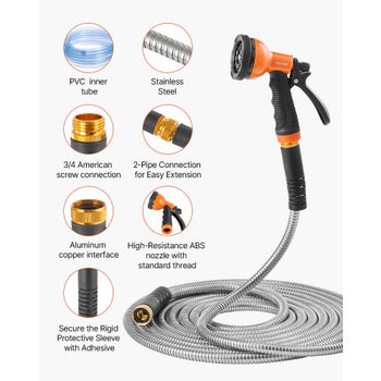 Metal Garden Hose 150 ft, Rust Proof Stainless Steel Water Hose, Heavy Duty Backyard Hose with 10 Function Nozzle, No-Kink & Flexible Water Pipe, Lightweight Metal Hose for Yard, Outdoor