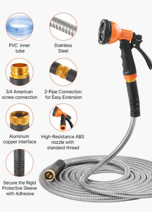 Metal Garden Hose 200 ft, Rust Proof Stainless Steel Water Hose, Heavy Duty Backyard Hose with 10 Function Nozzle, No-Kink & Flexible Water Pipe, Lightweight Metal Hose for Yard, Outdoor