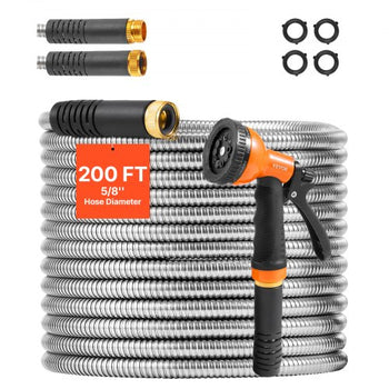Metal Garden Hose 200 ft, Rust Proof Stainless Steel Water Hose, Heavy Duty Backyard Hose with 10 Function Nozzle, No-Kink & Flexible Water Pipe, Lightweight Metal Hose for Yard, Outdoor