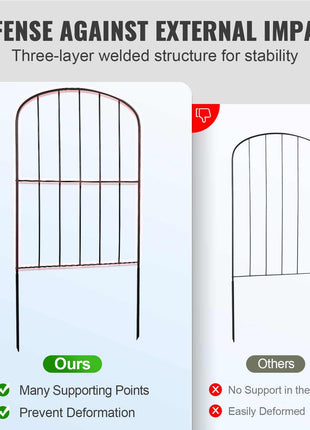 Red metal garden trellis with three-layer welded structure for stability, designed to resist deformation and support plants.