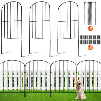 Black metal garden fence panels with arched tops, durable and stylish, ideal for pet containment and garden borders.