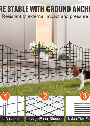 Black metal garden fence with ground anchors and nylon ties, designed for stability and durability. Ideal for pets.