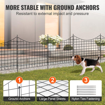 Black metal garden fence with ground anchors and nylon ties, designed for stability and durability. Ideal for pets.